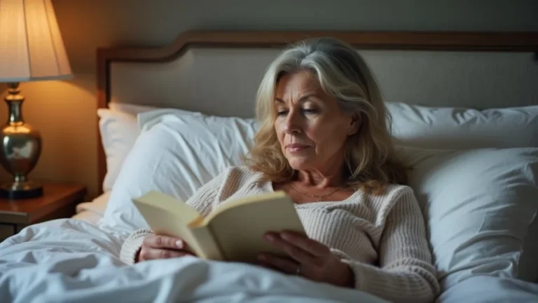 En kvinna i 60-årsåldern ligger i sängen och läser en bok