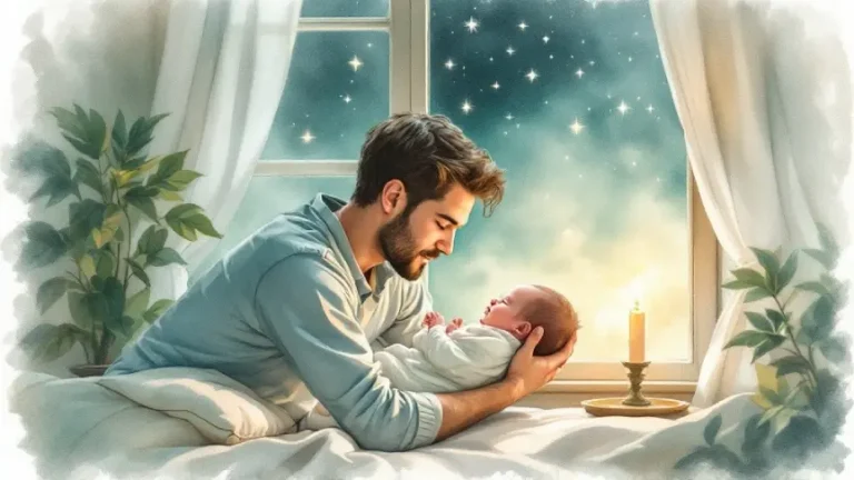 En illustration av en pappa som håller sitt nyfödda barn i ljuset av ett stearinljus mitt i natten.