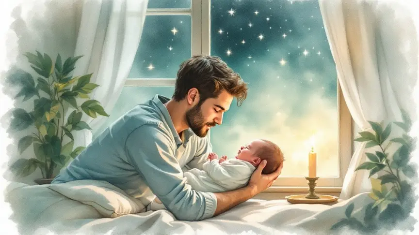 En illustration av en pappa som håller sitt nyfödda barn i ljuset av ett stearinljus mitt i natten.