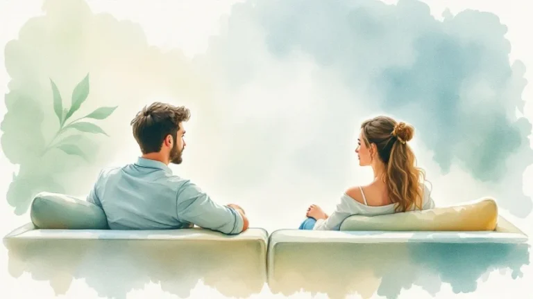 En illustration av en kvinna och en man som sitter en bit ifrån varandra i en soffa.
